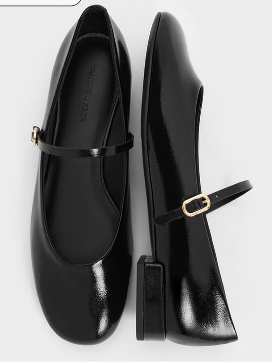 Charles & Keith Shoes - Charles & Keith Glossy Black Mary Jane Flats with Gold Buckle